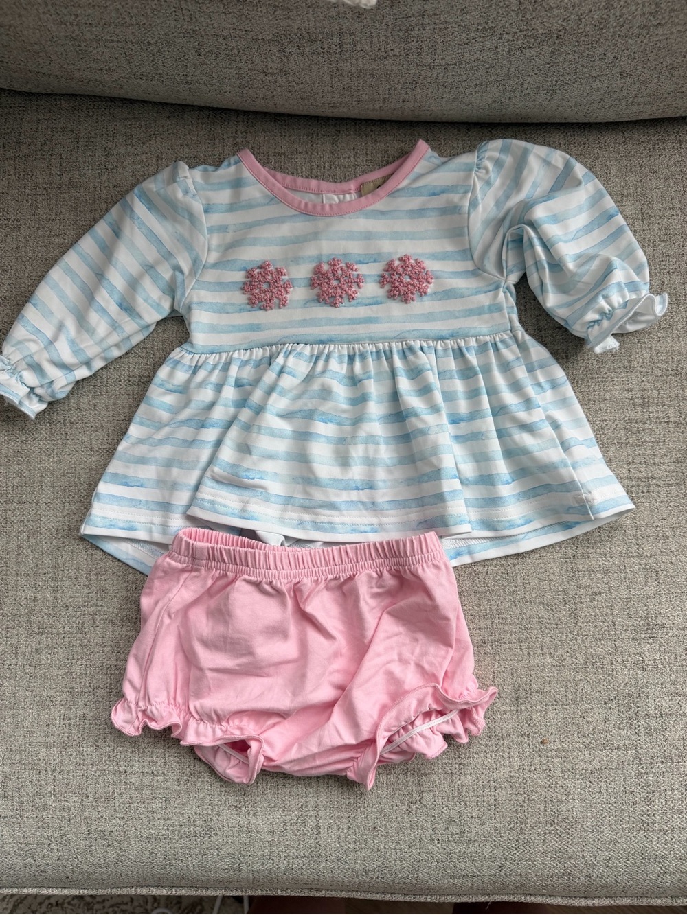 Girls Blue & Pink Striped Top with Pink Bloomers - Floral Applique Set